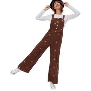 Petal Down L Womens Ditsy Floral Corduroy Jumpsuit Vintage Brown